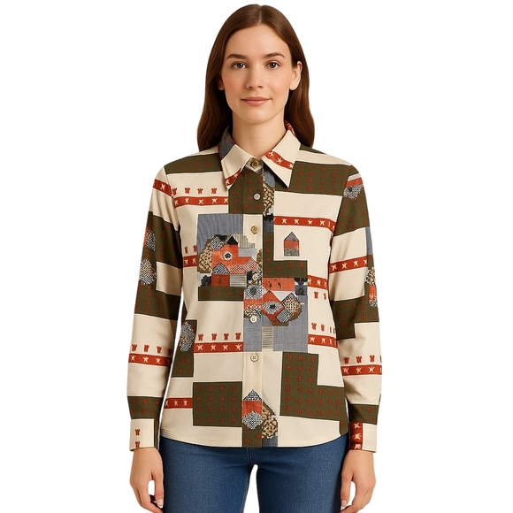 Vintage Tops - Vintage Button Up Shirt Womens Large Tall Village Scene Folk Cottagecore Retro
